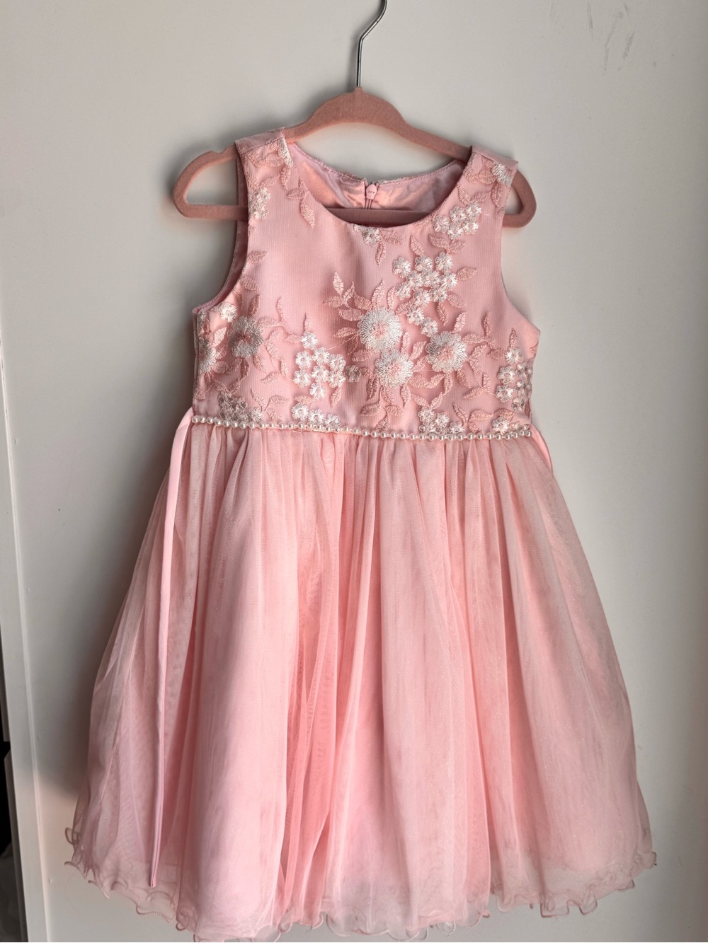 American Princess Pink Embroidered Tulle Party Dress with Pearl Waist